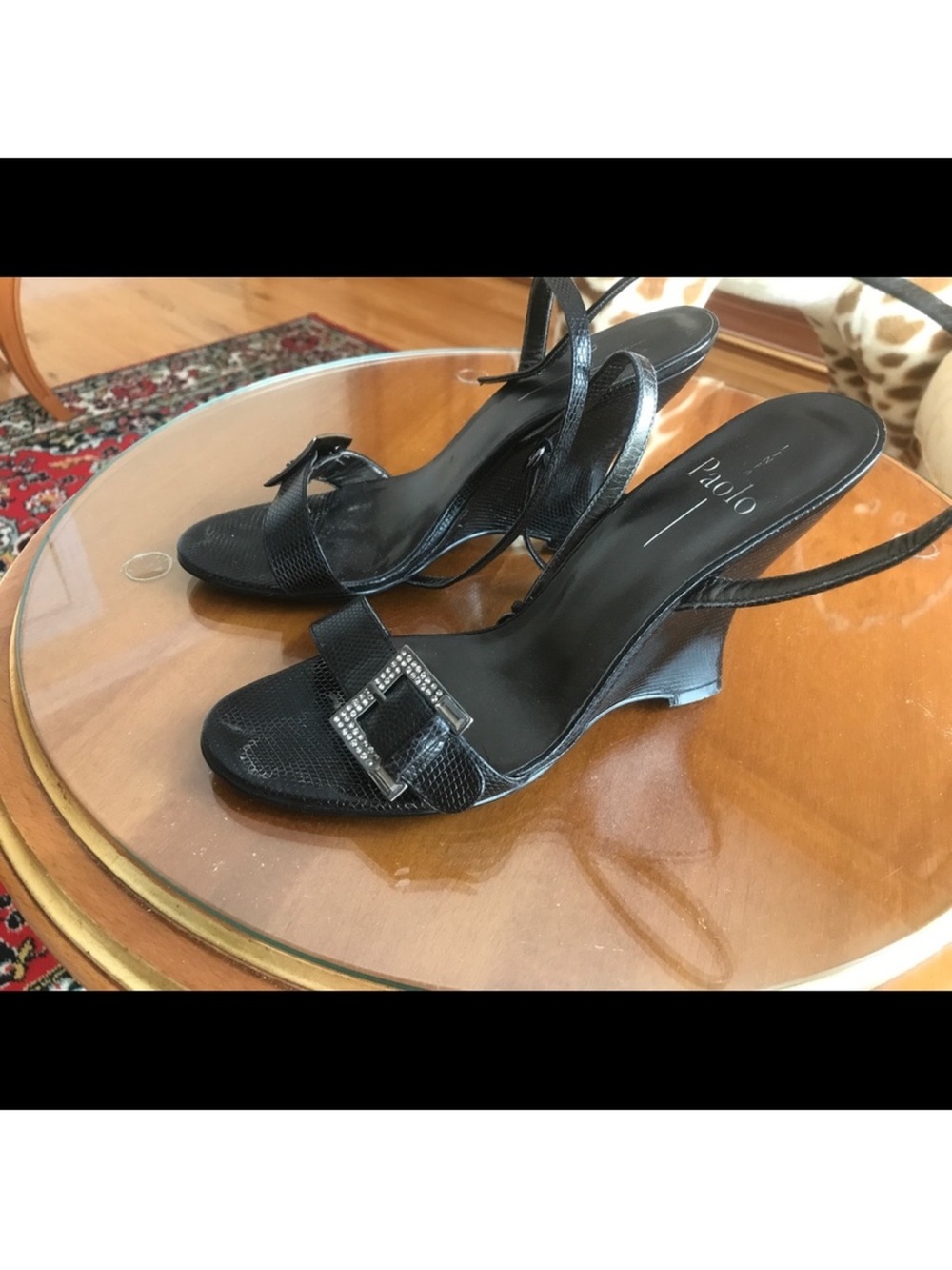 Paolo Black Strappy Mid-Heel Sandals with Rhinestone Buckle